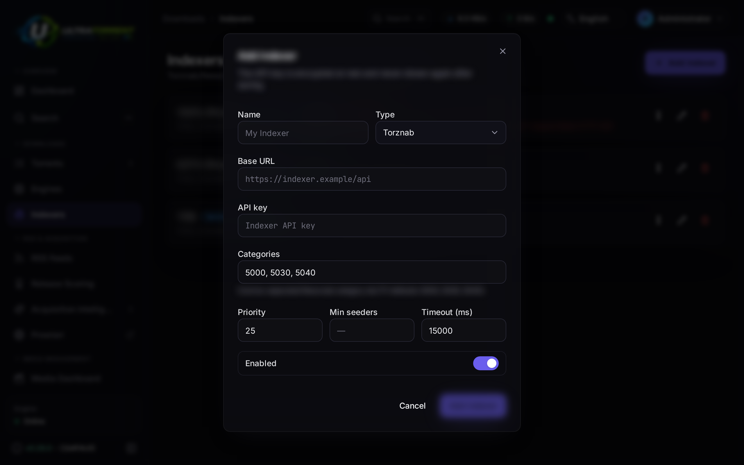 Indexer add dialog with a masked API key
