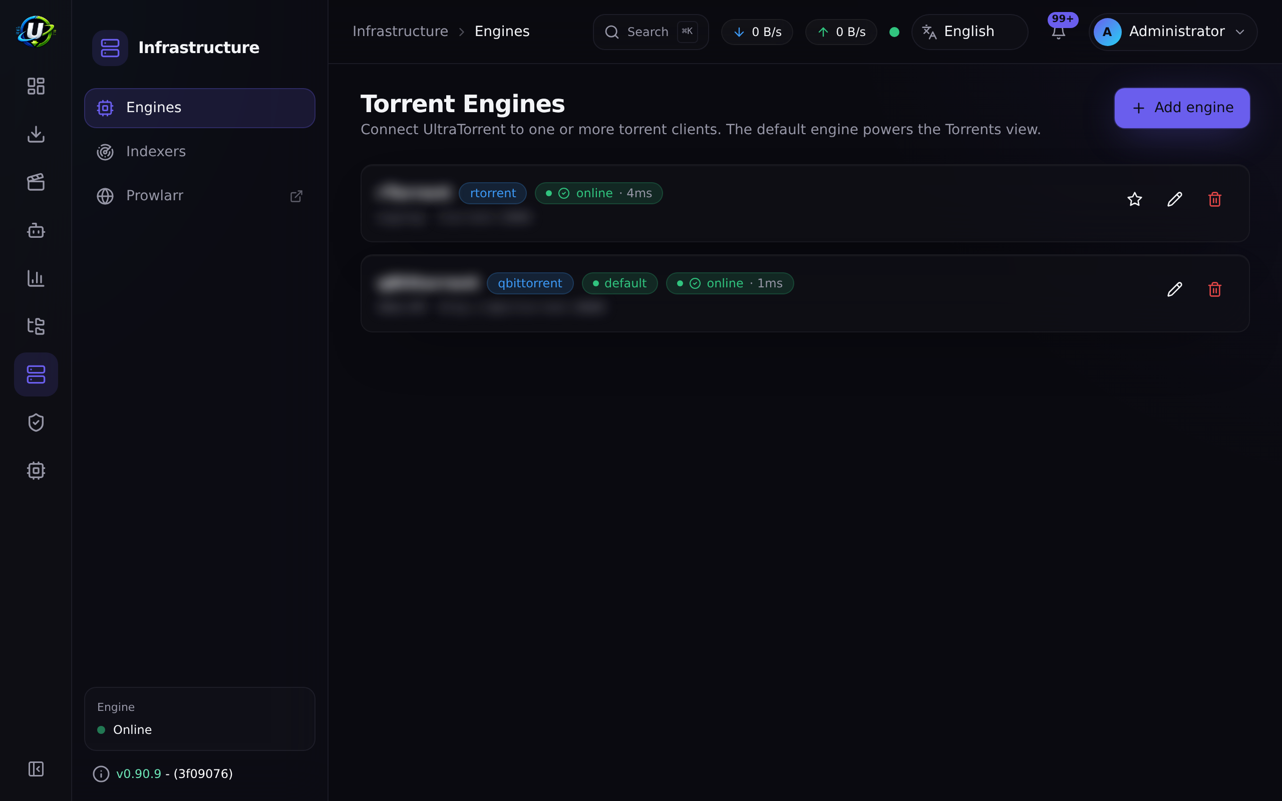 Engines page with a registered default engine