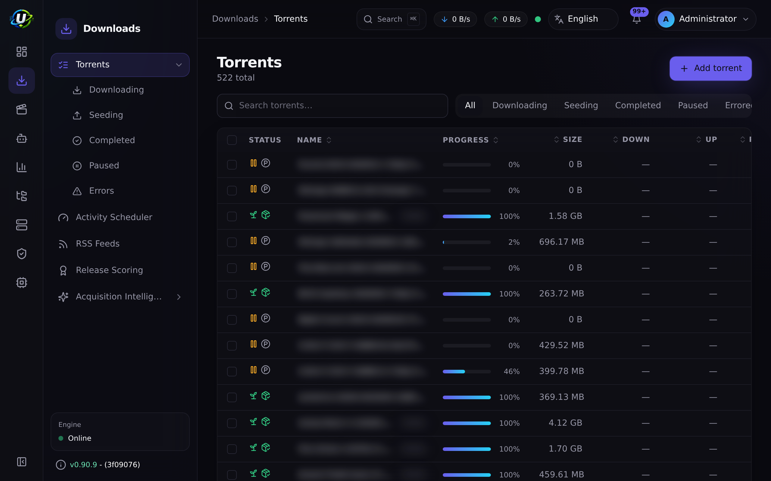 Torrents page showing a completed, seeding torrent