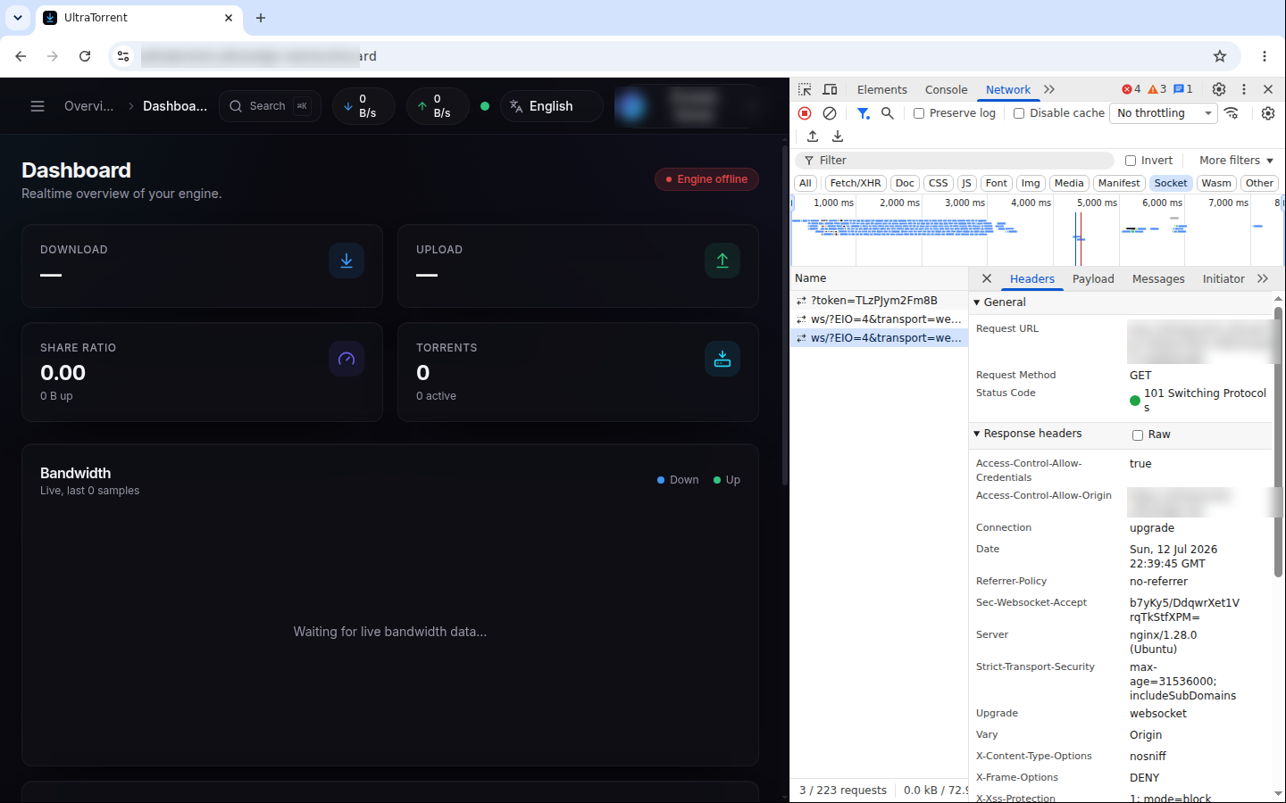 DevTools Network panel, Socket filter: the /ws/ request returns 101 Switching Protocols