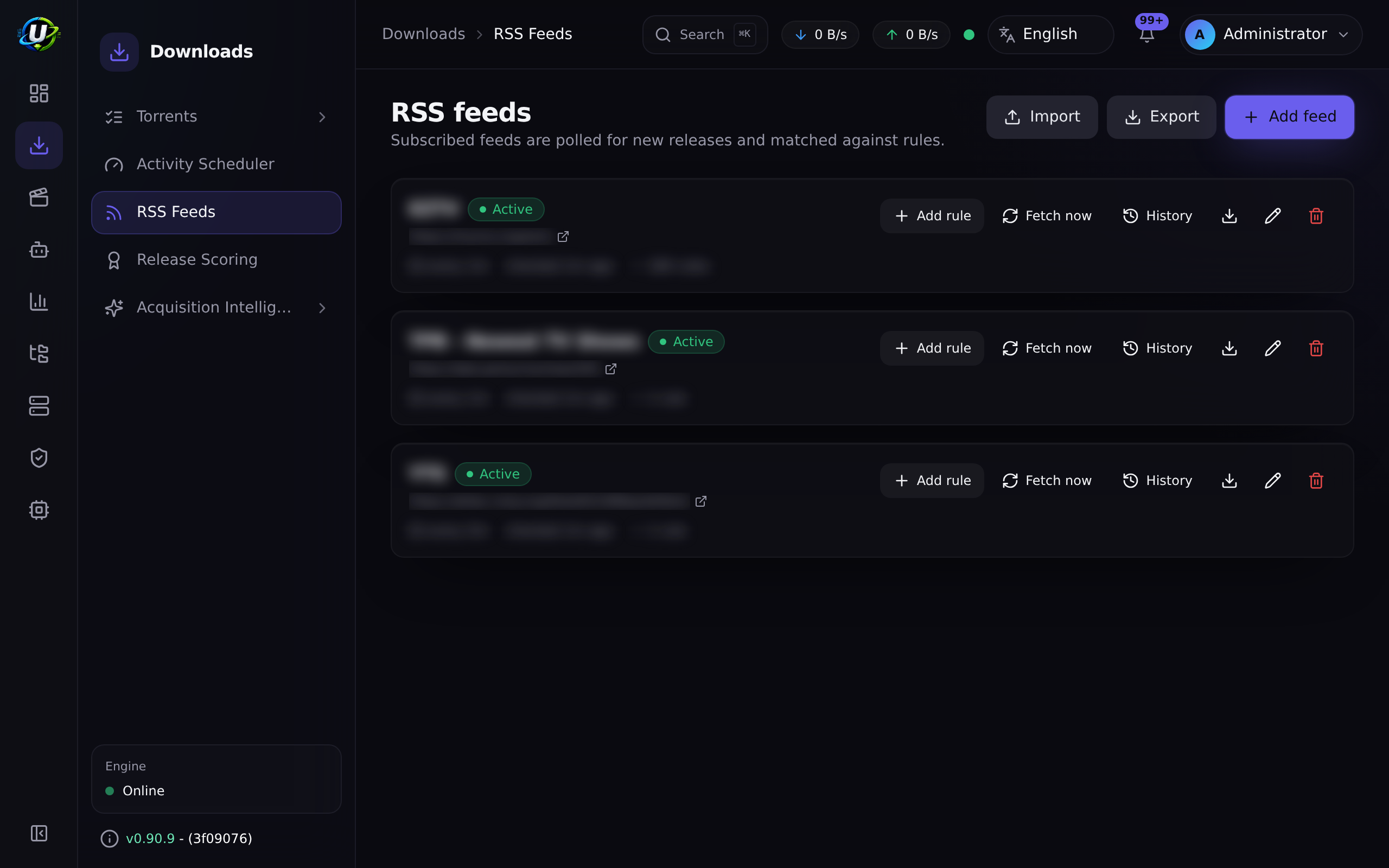 RSS feeds page with feeds and rules