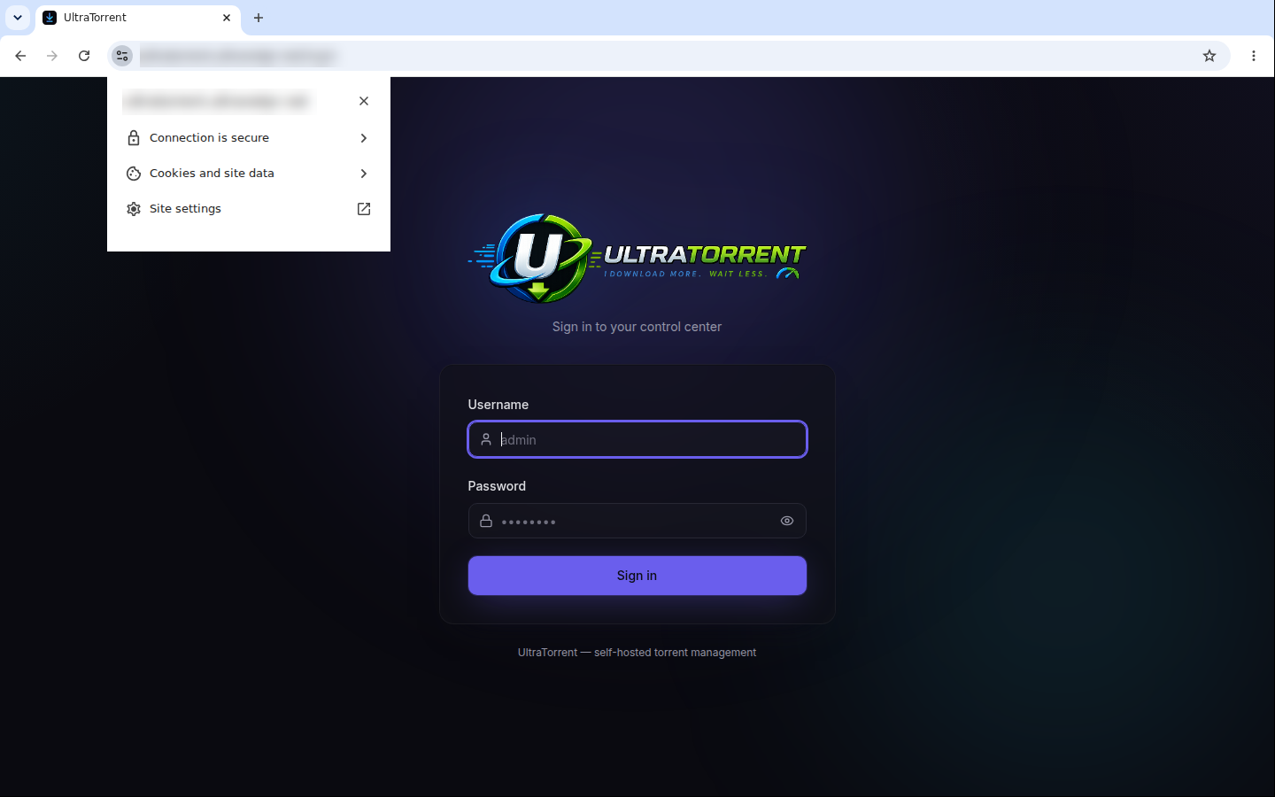 Chrome's site information popover on the UltraTorrent UI, reporting "Connection is secure"