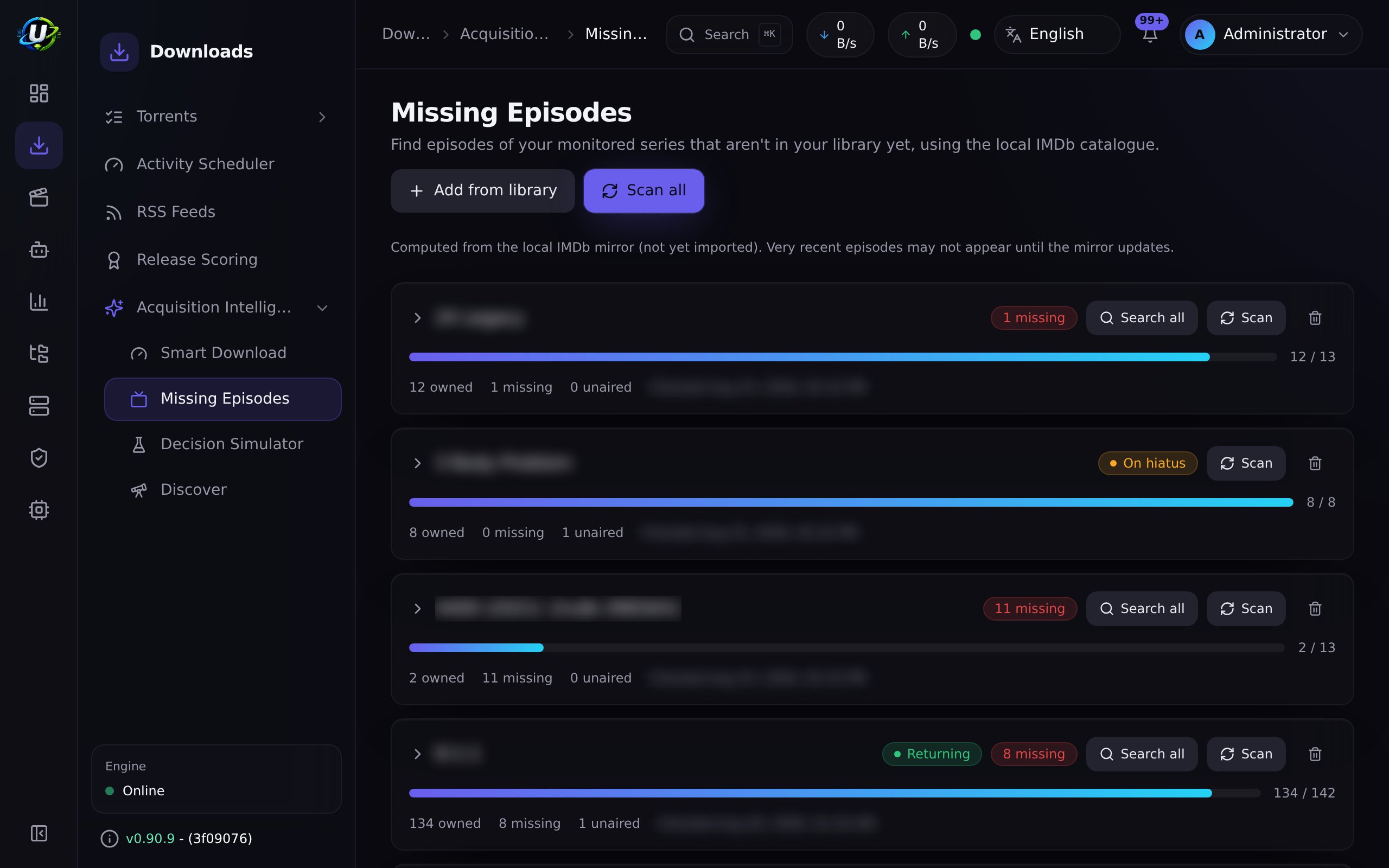 Missing Episodes page with the season and episode grid
