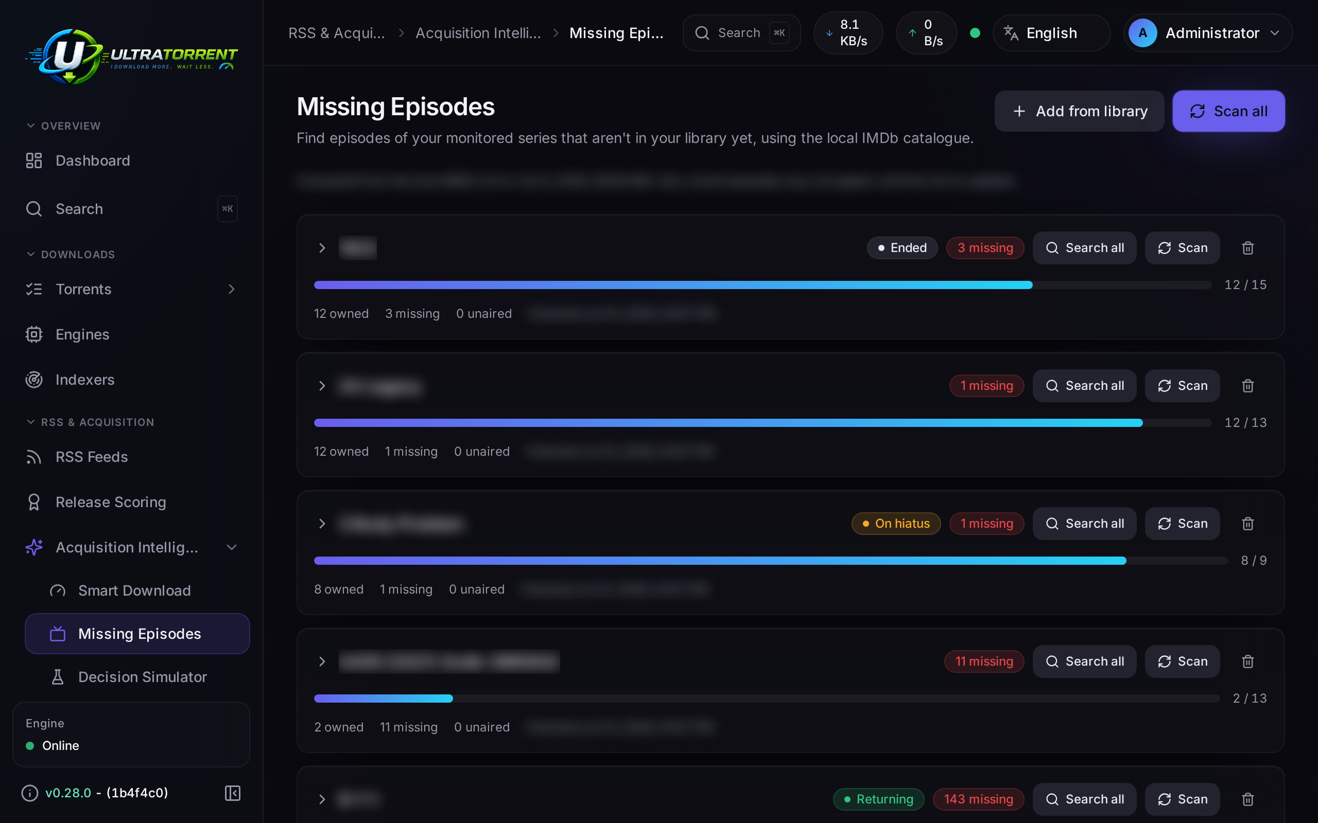 Missing Episodes page with the season and episode grid