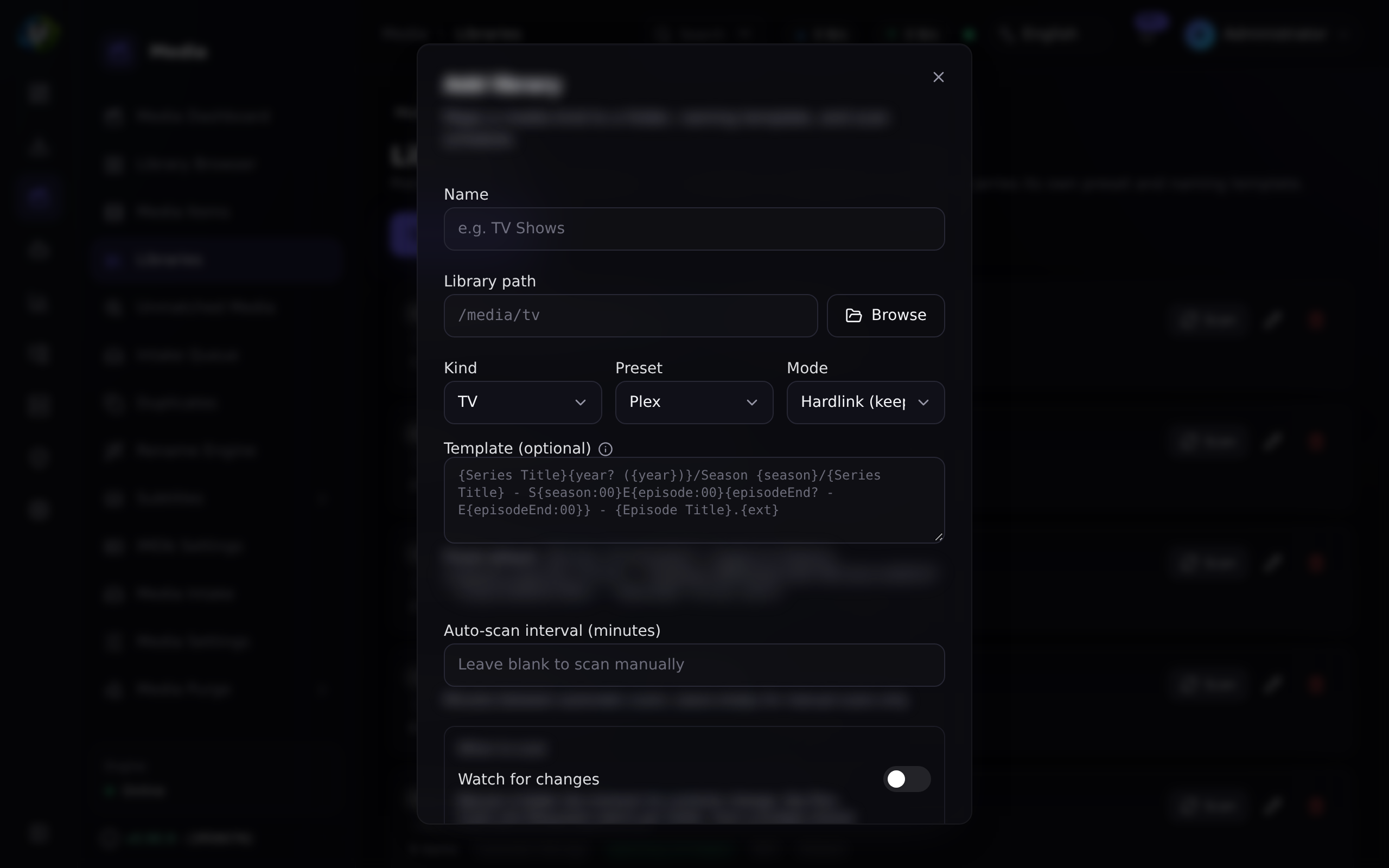 Diálogo de agregar biblioteca con tipo, preset y modo