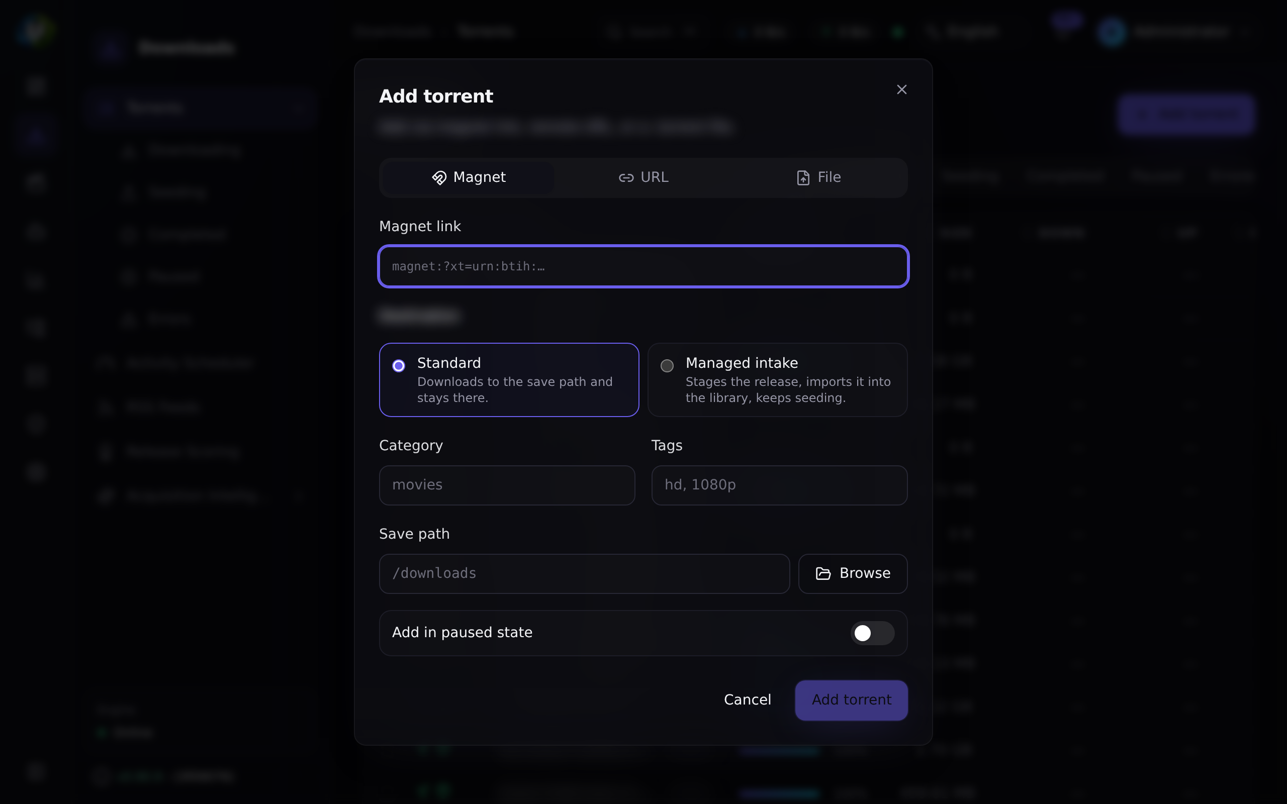 Diálogo de agregar torrent